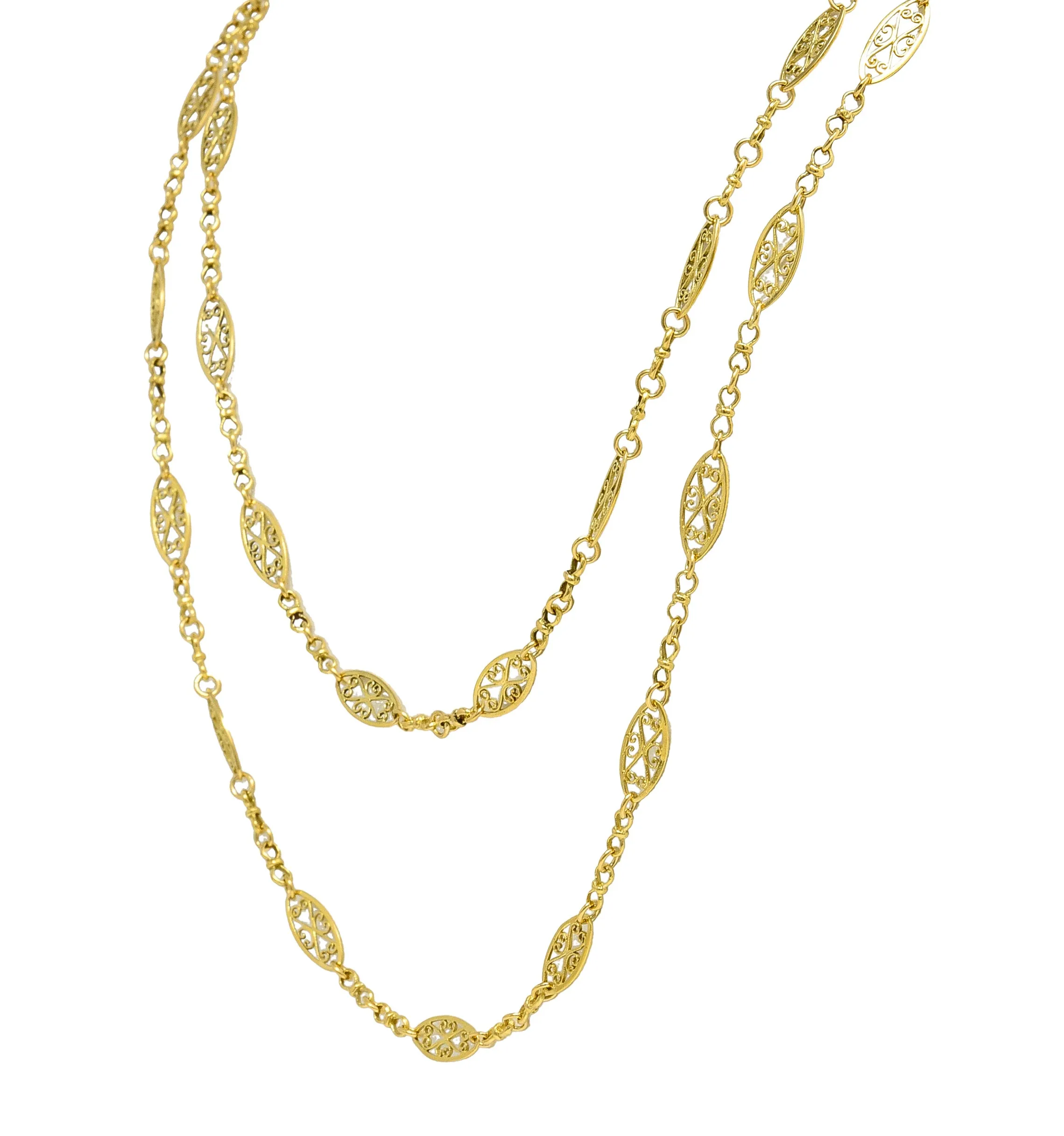 18 Karat Yellow Gold French Victorian Whiplash Heart Navette Link 56 IN Long Antique Chain Necklace