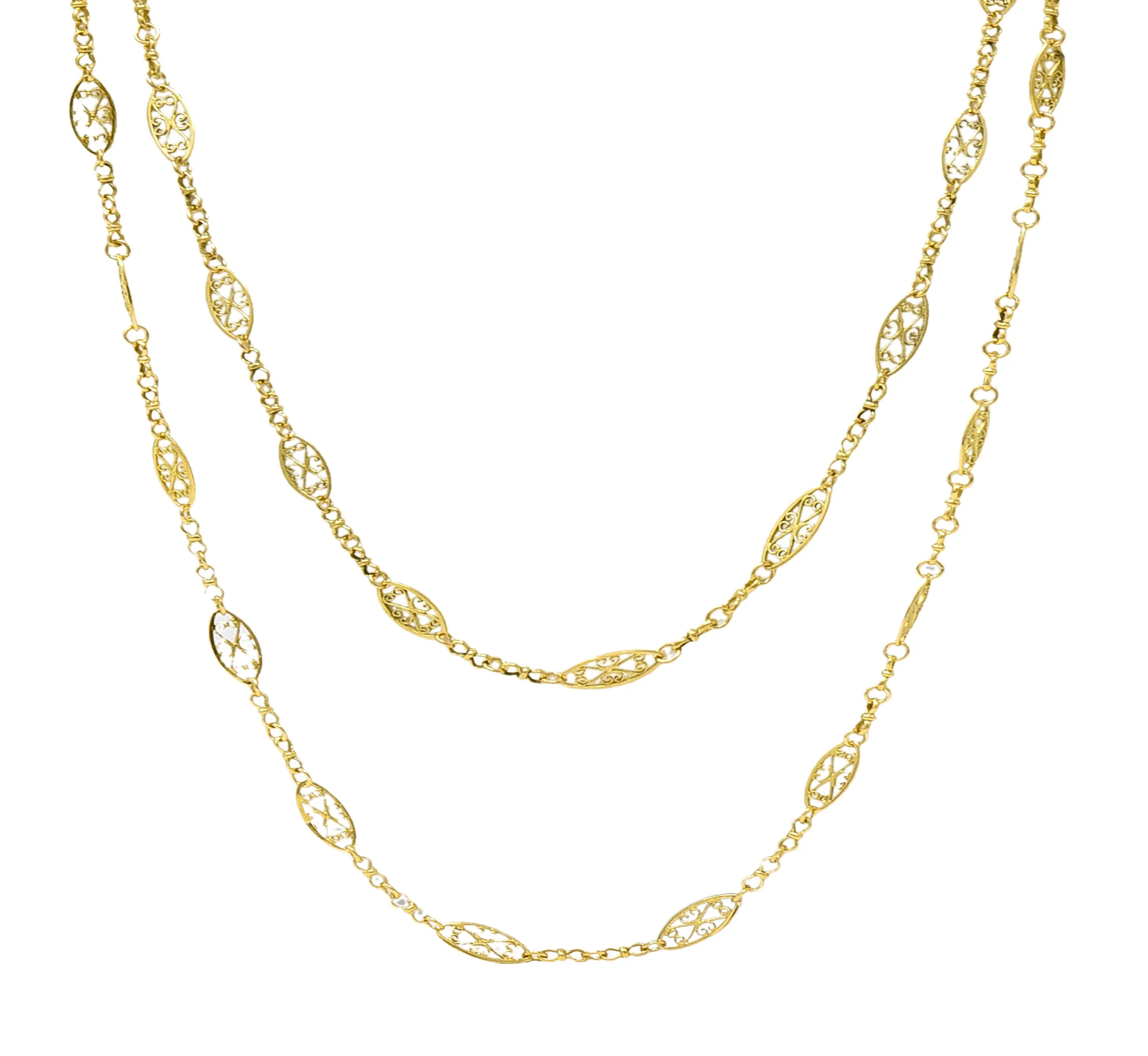 18 Karat Yellow Gold French Victorian Whiplash Heart Navette Link 56 IN Long Antique Chain Necklace