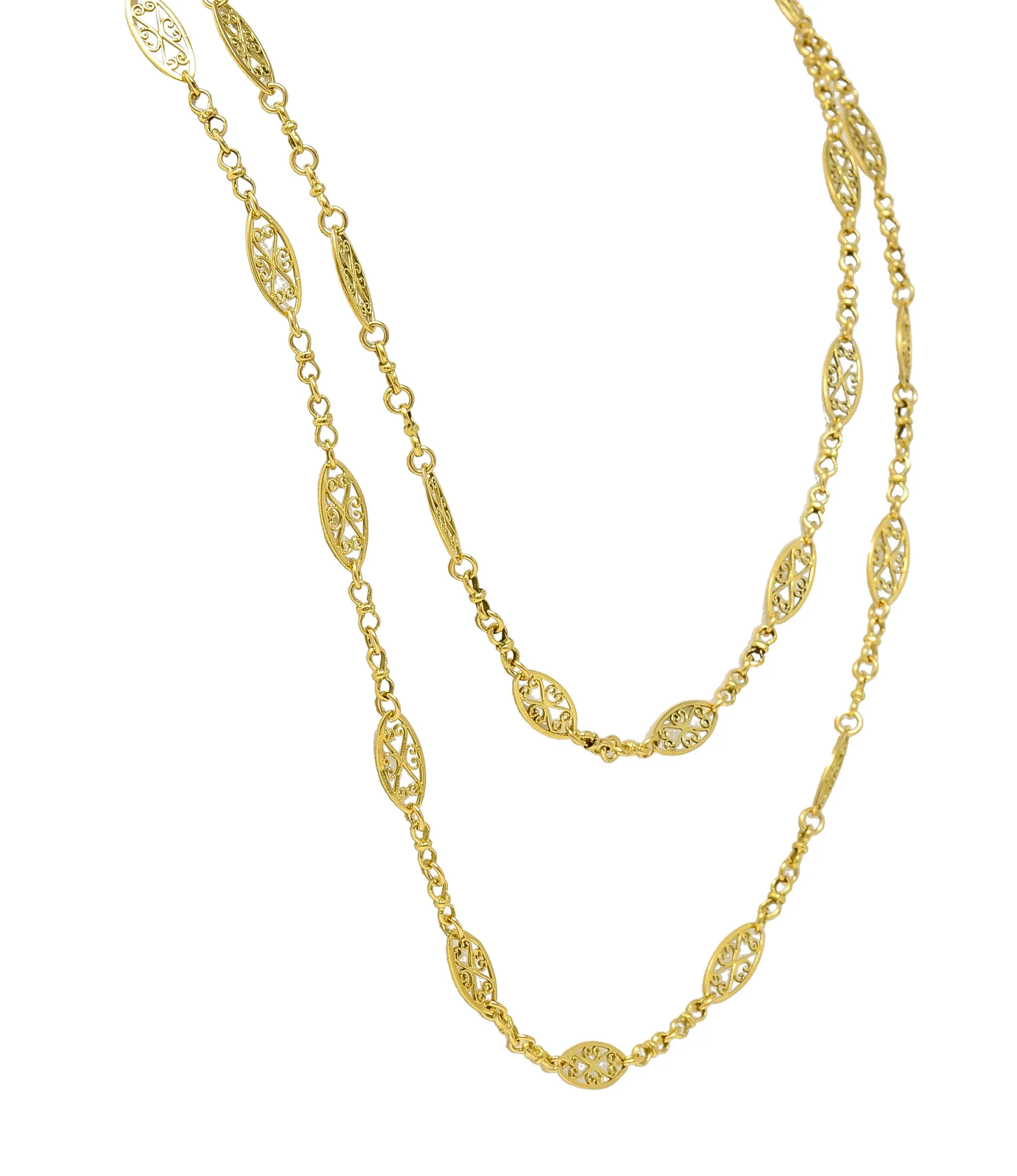 18 Karat Yellow Gold French Victorian Whiplash Heart Navette Link 56 IN Long Antique Chain Necklace