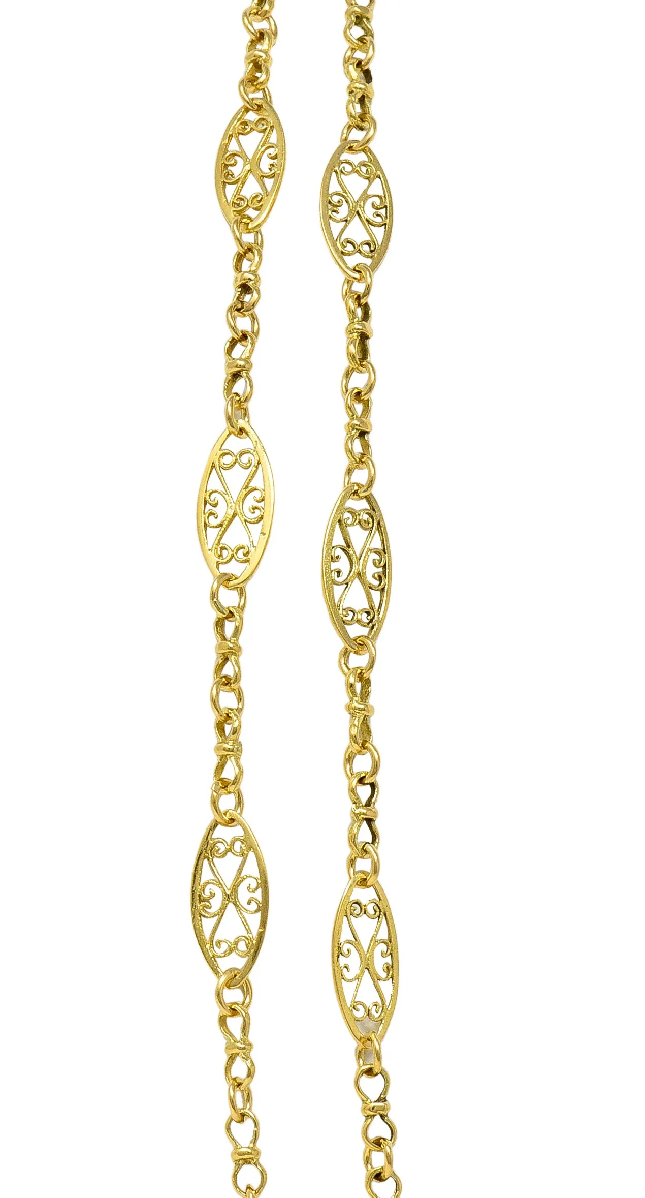 18 Karat Yellow Gold French Victorian Whiplash Heart Navette Link 56 IN Long Antique Chain Necklace