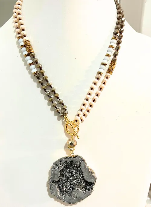 2 Way Druzy Beaded Necklace in Grey
