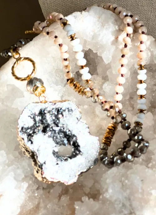 2 Way Druzy Beaded Necklace in Grey