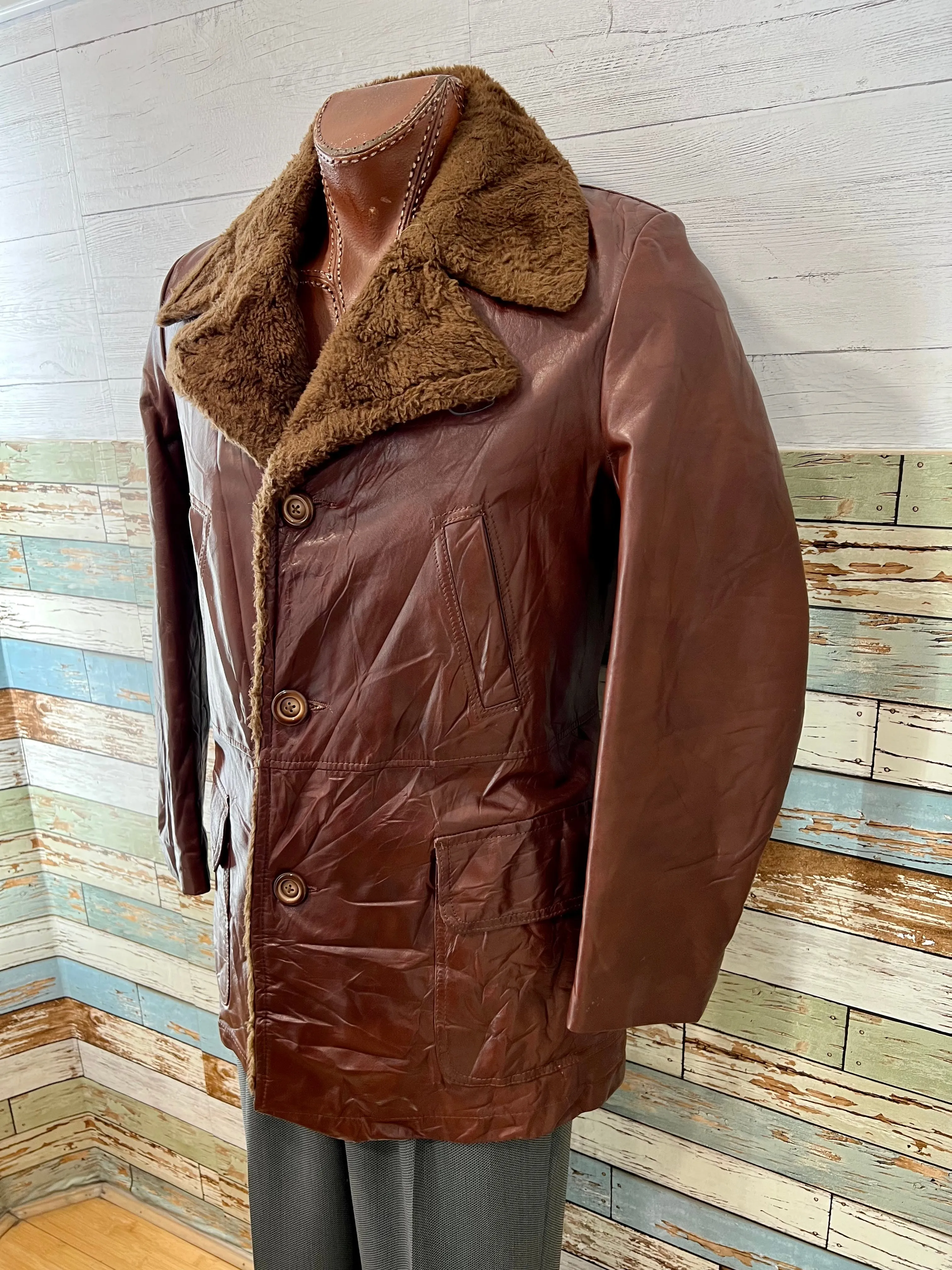 70’s Leather 3/4 Length Jacket With Fur Collar