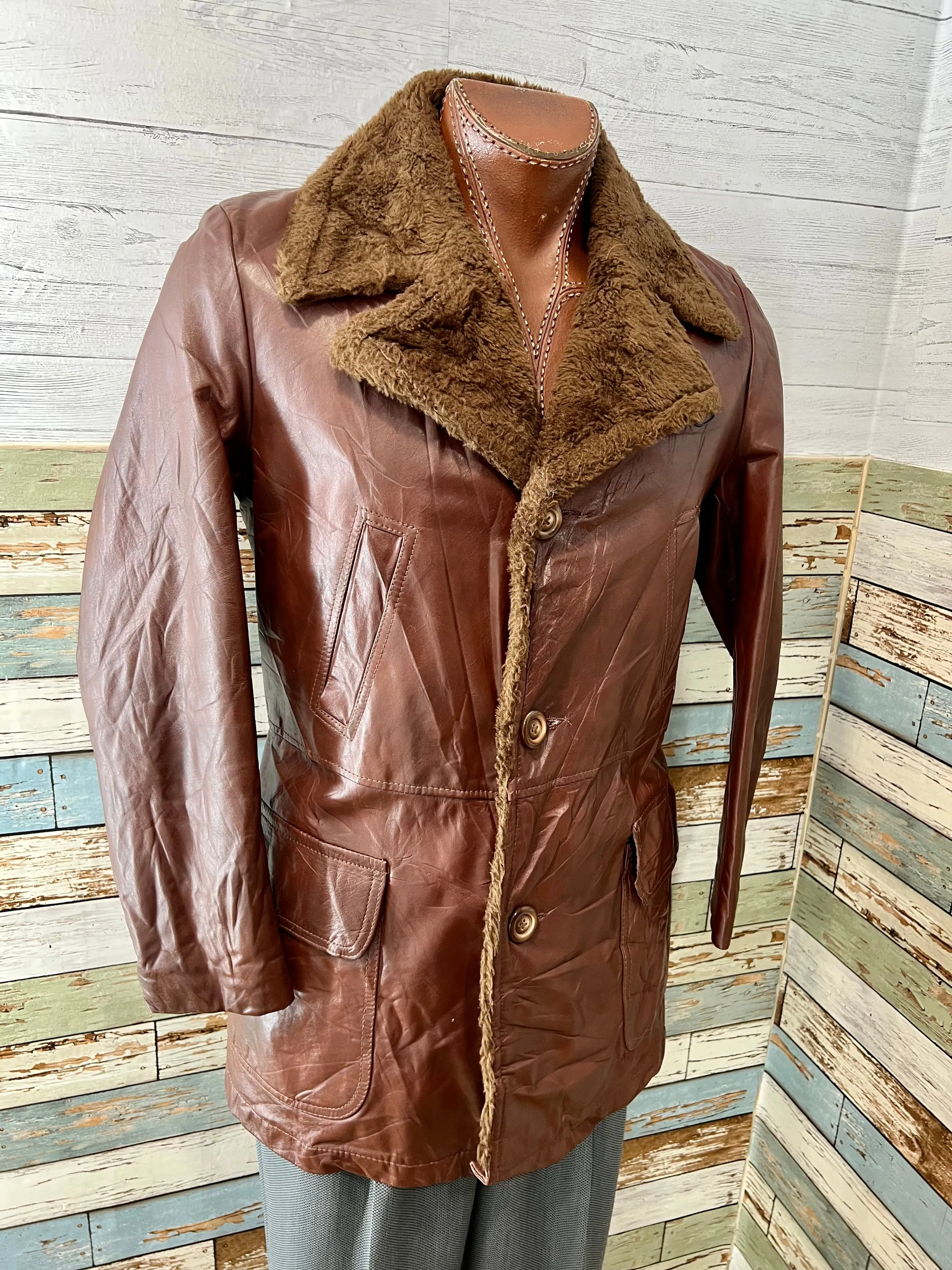 70’s Leather 3/4 Length Jacket With Fur Collar