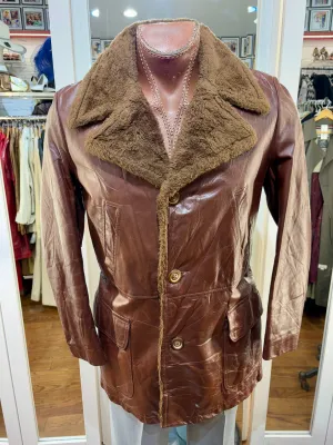 70’s Leather 3/4 Length Jacket With Fur Collar