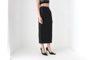 90s Black Taffeta Crinkle High Waist Column Midi Skirt