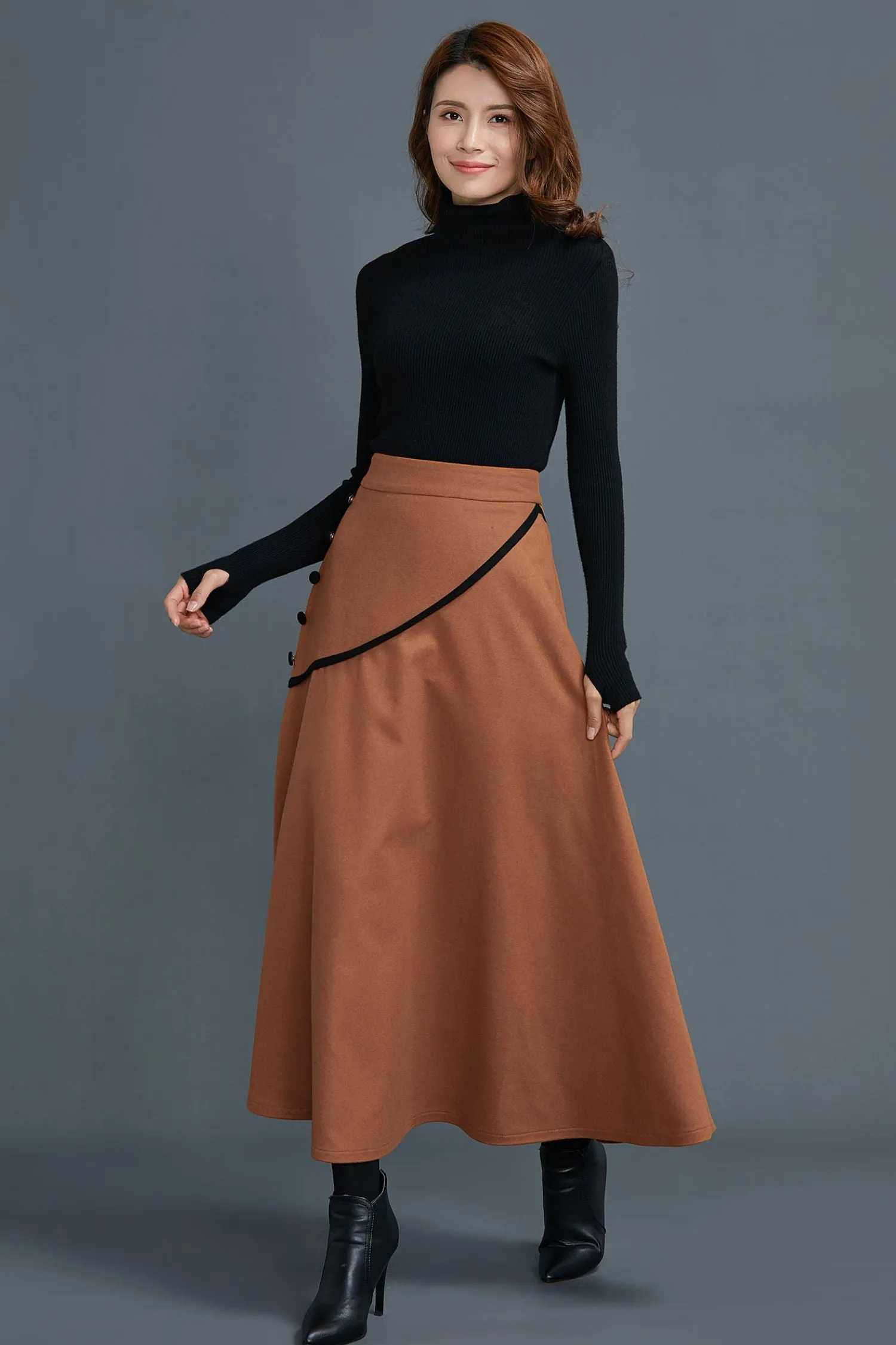 A line midi winter wool skirt women C1663