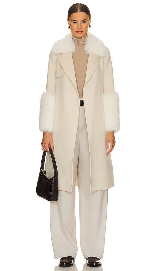 Adrienne Landau Faux Fur Trim Wool Coat in Cream