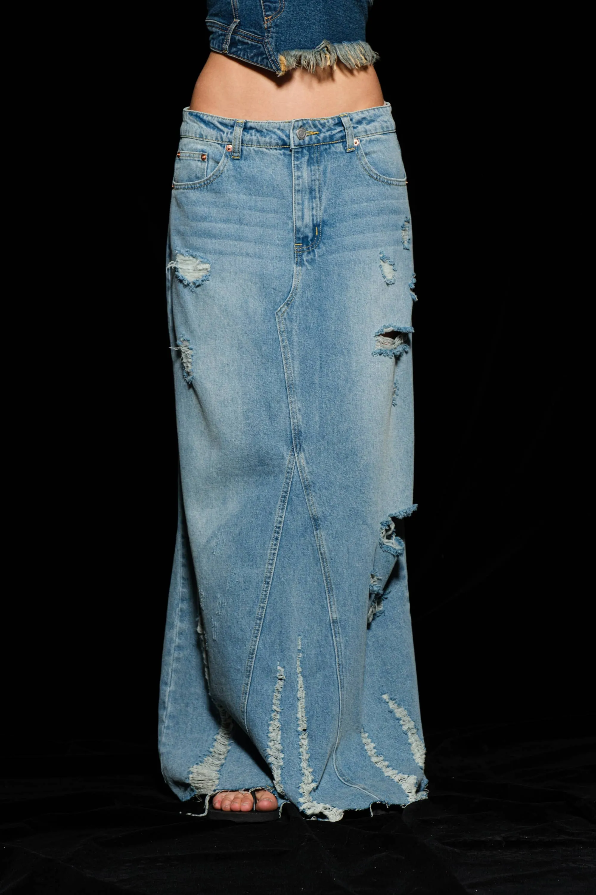 Alaina Distressed Denim Maxi Skirt - Long Jean Skirt - Jean Maxi Skirt denim skirt long