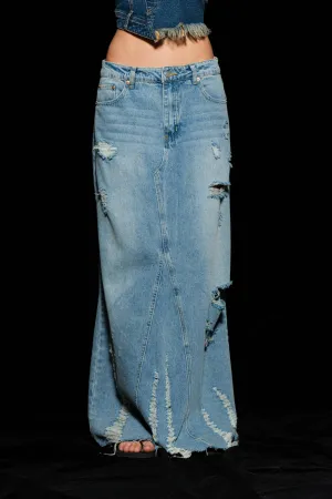 Alaina Distressed Denim Maxi Skirt - Long Jean Skirt - Jean Maxi Skirt denim skirt long