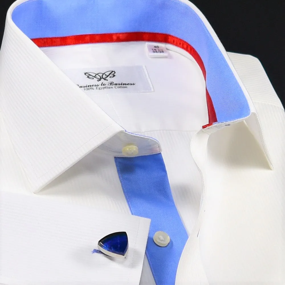 Best Wrinkle Free White Dress Shirt in Double French Cuff With Blue Inner Lining