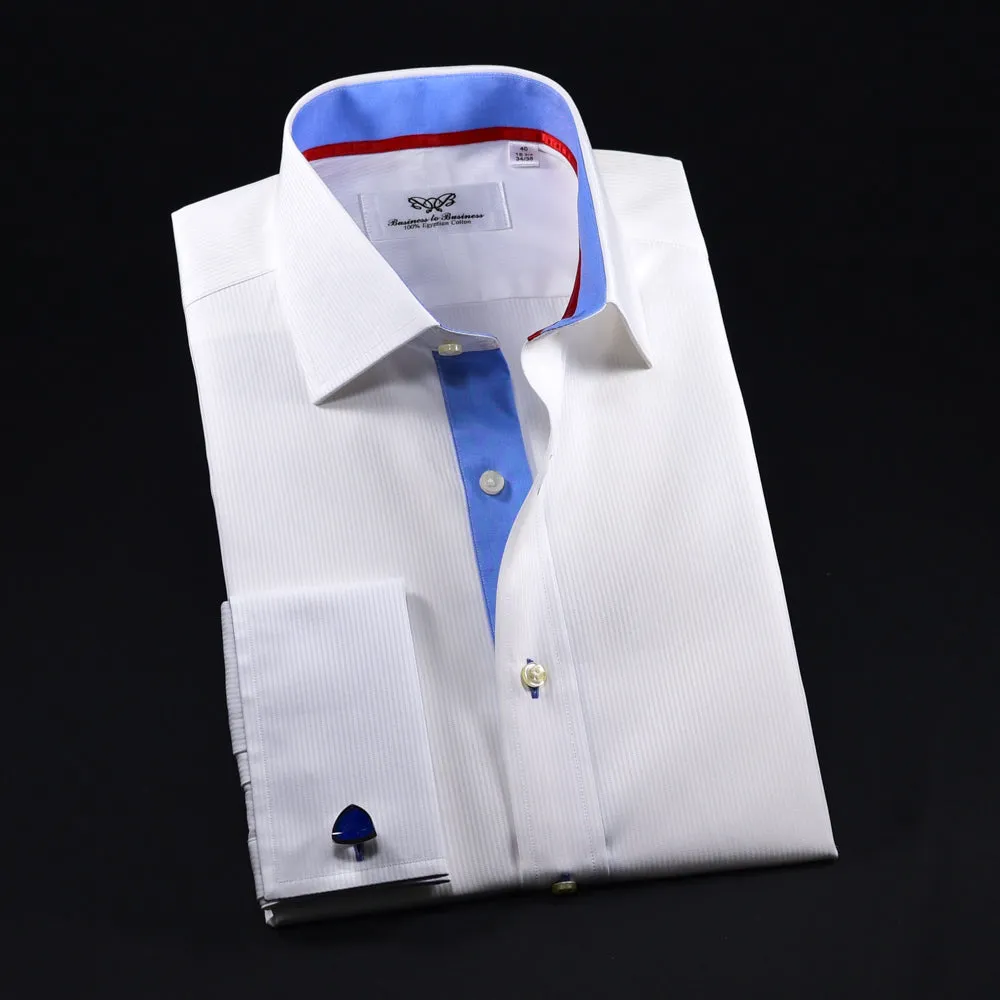 Best Wrinkle Free White Dress Shirt in Double French Cuff With Blue Inner Lining