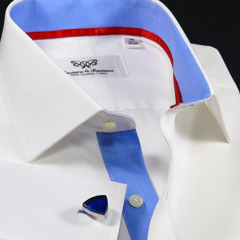 Best Wrinkle Free White Dress Shirt in Double French Cuff With Blue Inner Lining