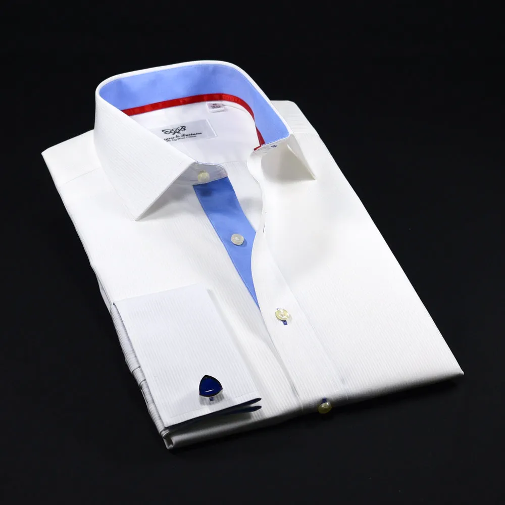 Best Wrinkle Free White Dress Shirt in Double French Cuff With Blue Inner Lining