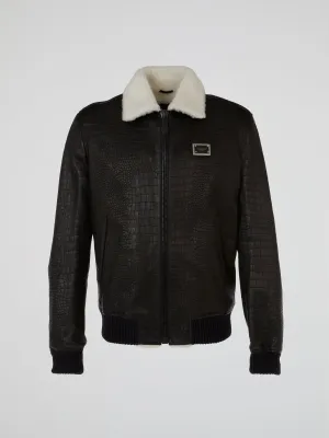 Black Fur Collar Reptilian Leather Jacket