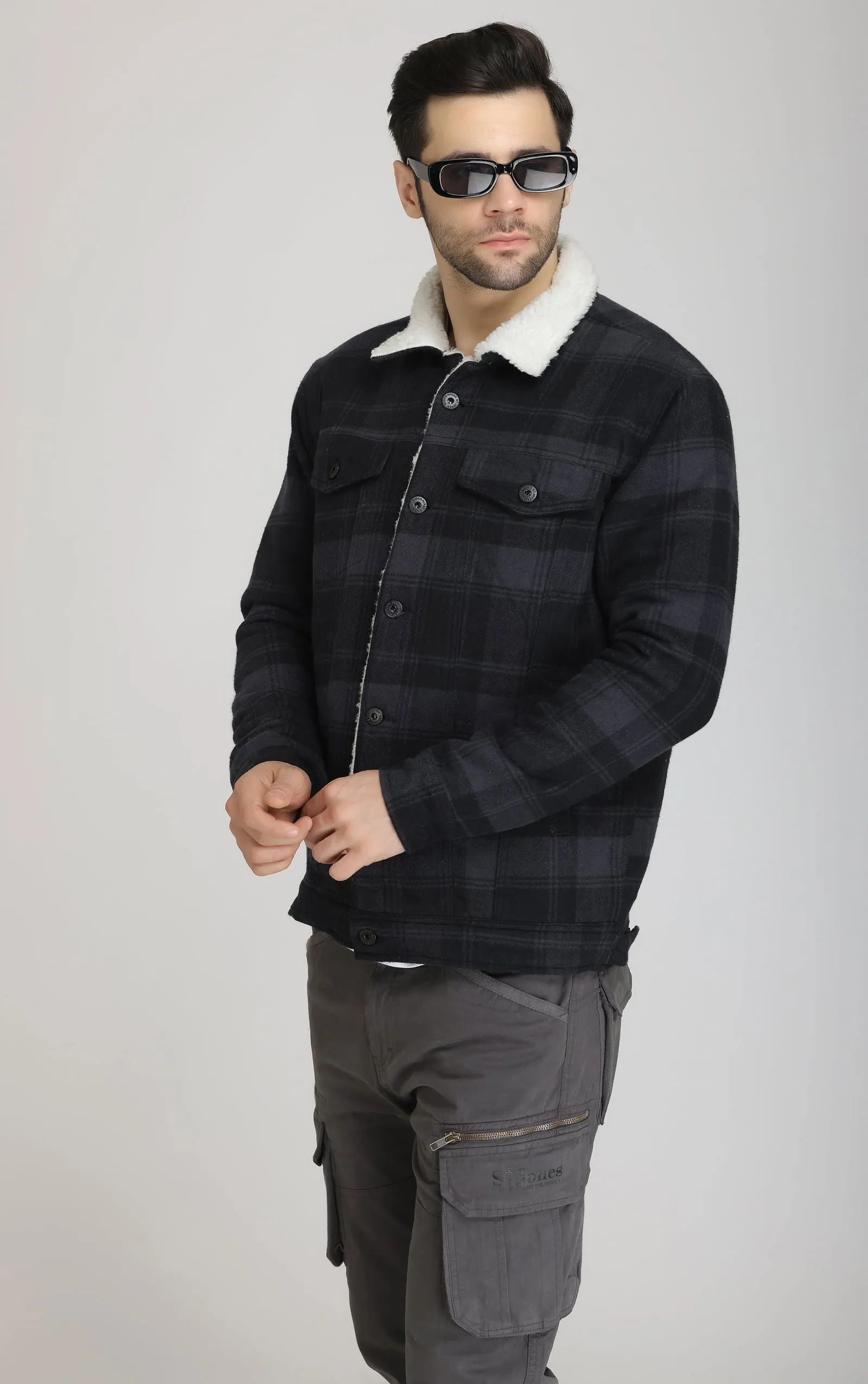 BLACK-GREY FUR Woolen shacket