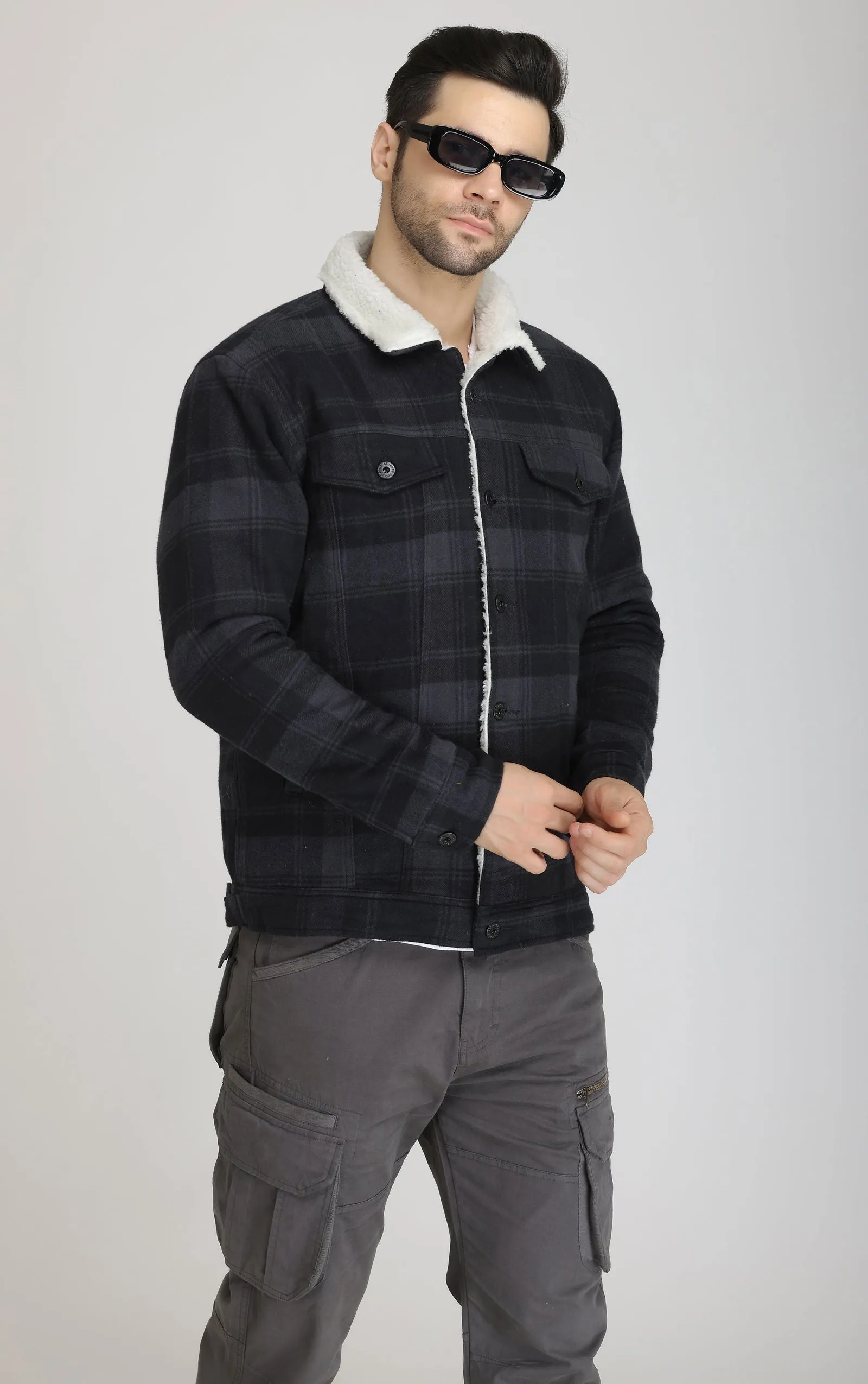BLACK-GREY FUR Woolen shacket