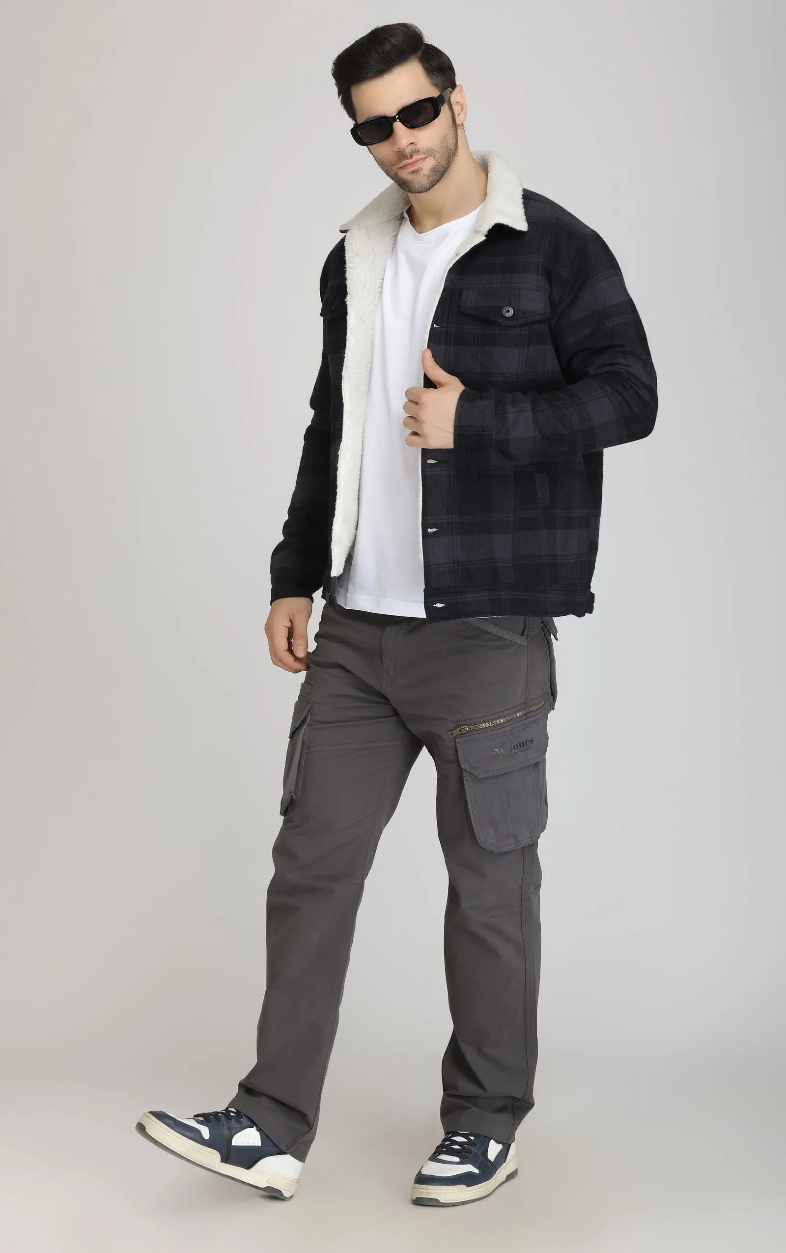 BLACK-GREY FUR Woolen shacket