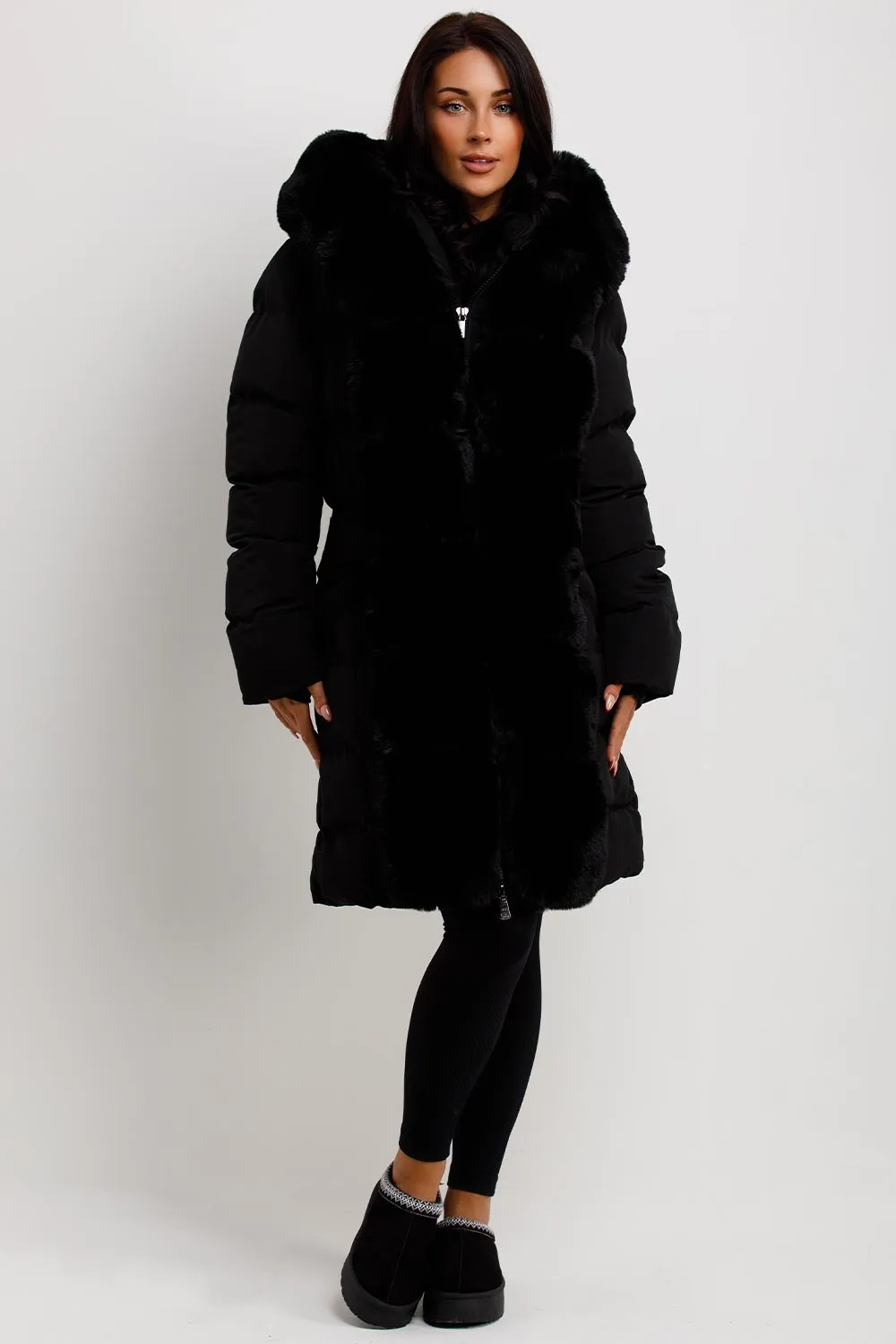 Black Long Puffer Padded Coat With Faux Fur Hood And Trim