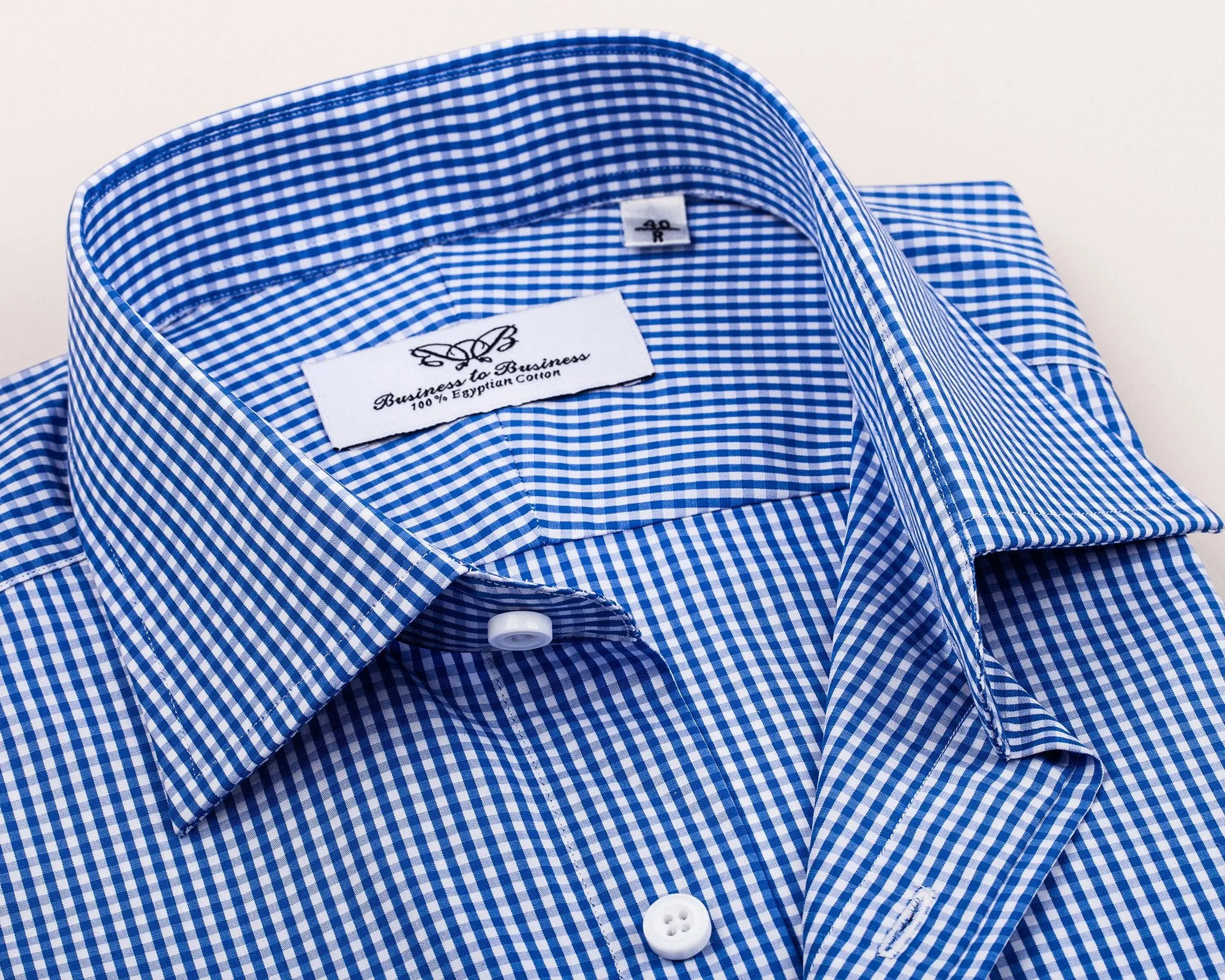Blue Easy Iron Gingham Check Formal Business Dress Shirt Luxury Designer Fashion