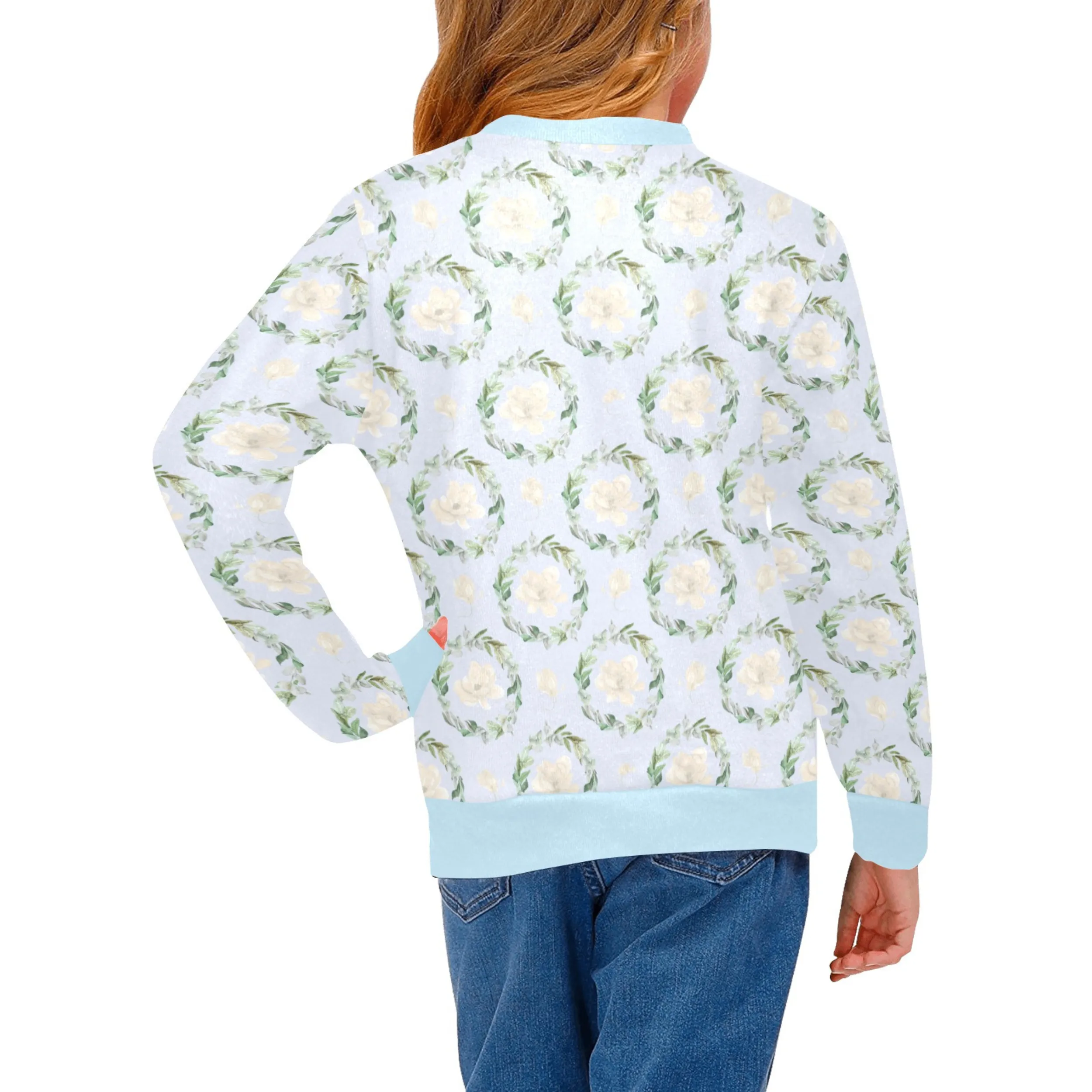 Blue Magnolia Crew Neck Sweatshirt | Soft Pink and Blue All Over Print | Cozy Fall & Winter Wardrobe Essential