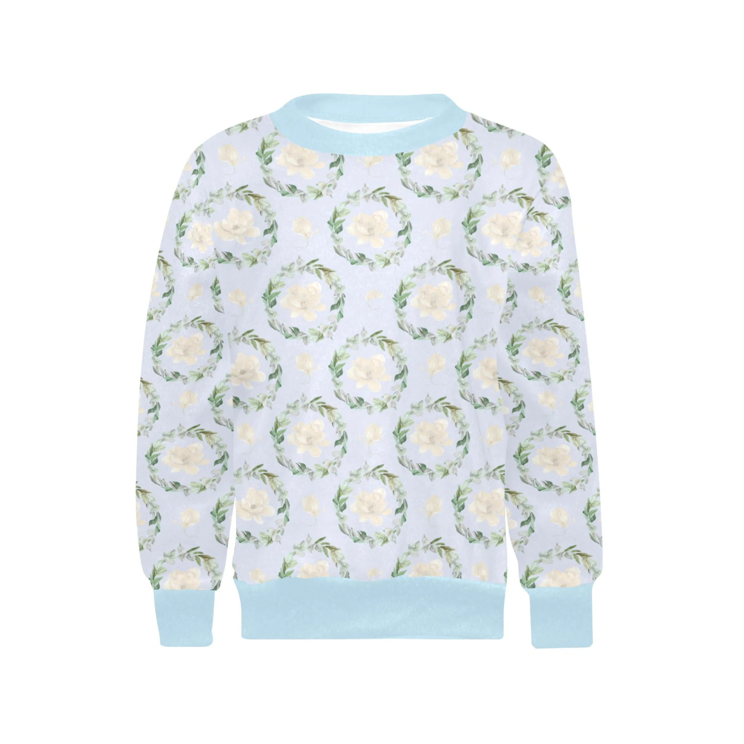 Blue Magnolia Crew Neck Sweatshirt | Soft Pink and Blue All Over Print | Cozy Fall & Winter Wardrobe Essential