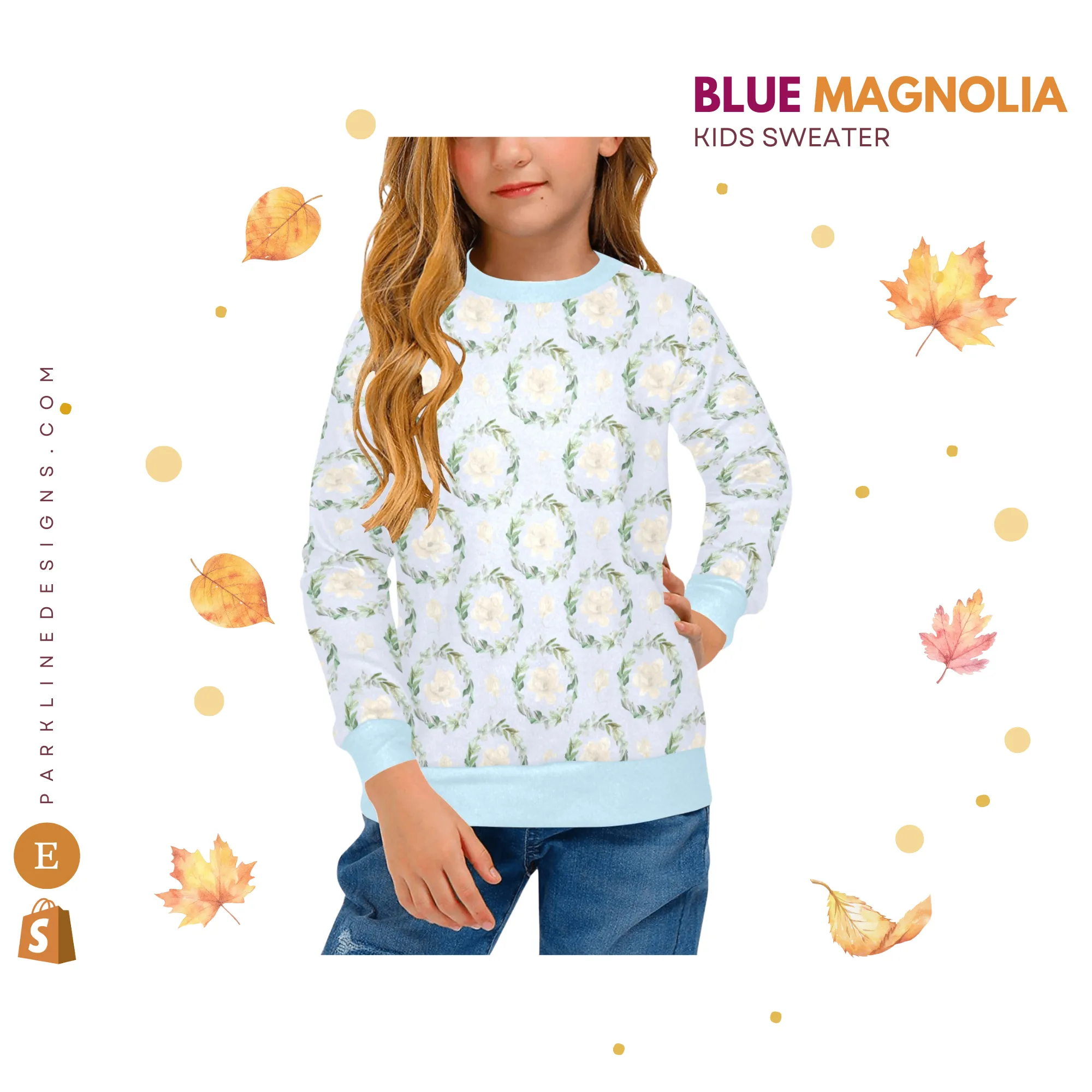 Blue Magnolia Crew Neck Sweatshirt | Soft Pink and Blue All Over Print | Cozy Fall & Winter Wardrobe Essential