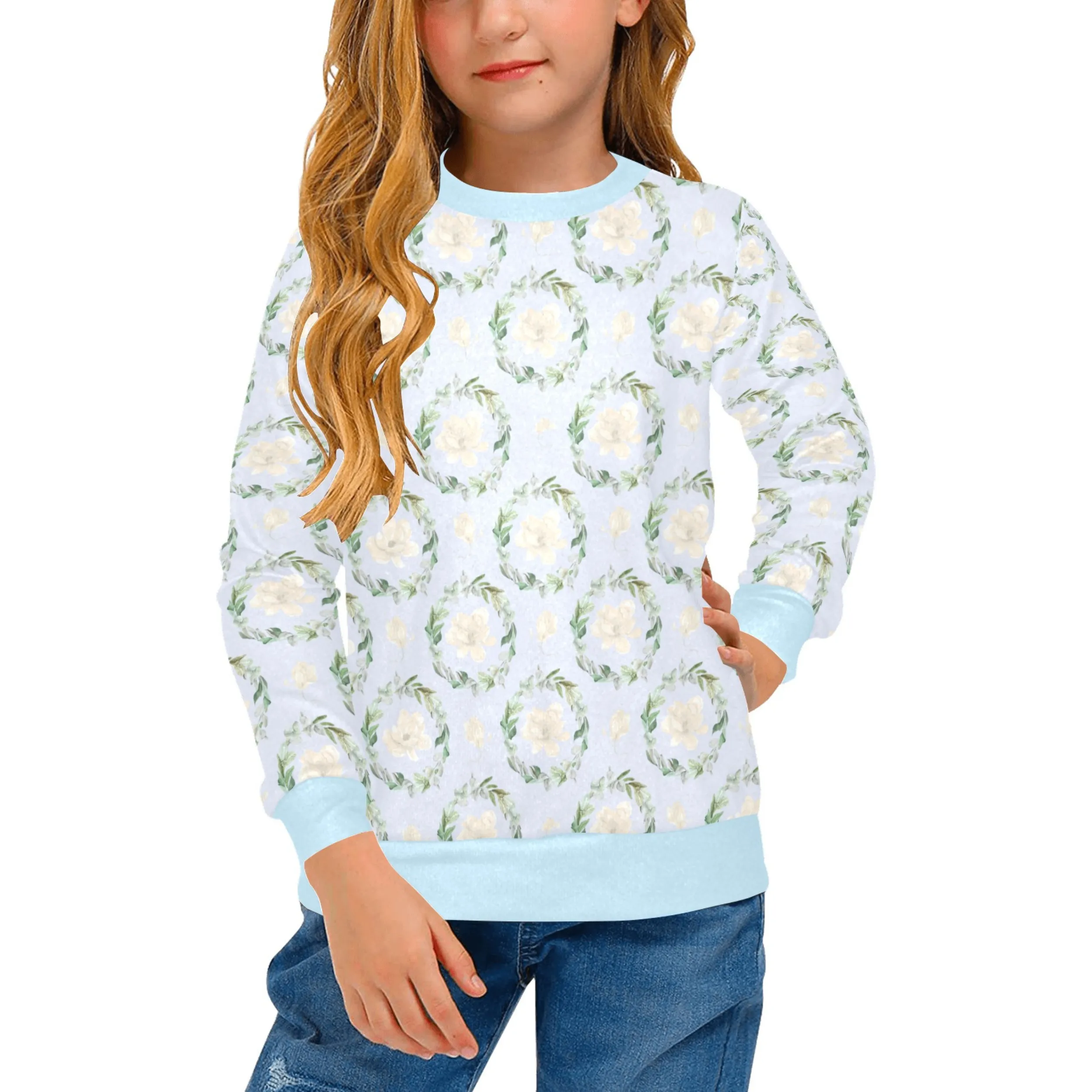 Blue Magnolia Crew Neck Sweatshirt | Soft Pink and Blue All Over Print | Cozy Fall & Winter Wardrobe Essential