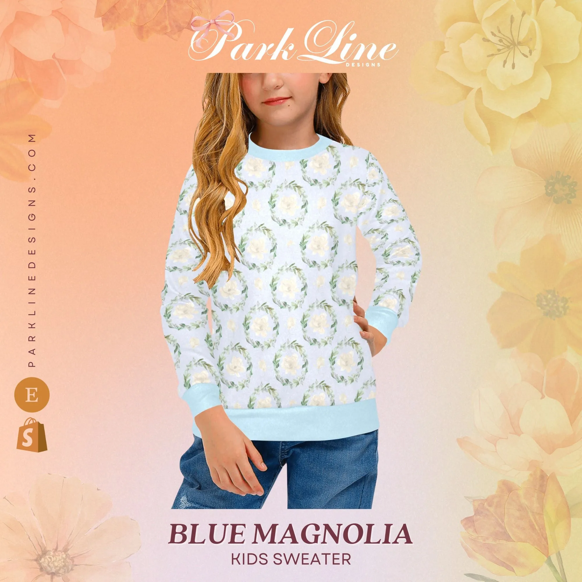 Blue Magnolia Crew Neck Sweatshirt | Soft Pink and Blue All Over Print | Cozy Fall & Winter Wardrobe Essential