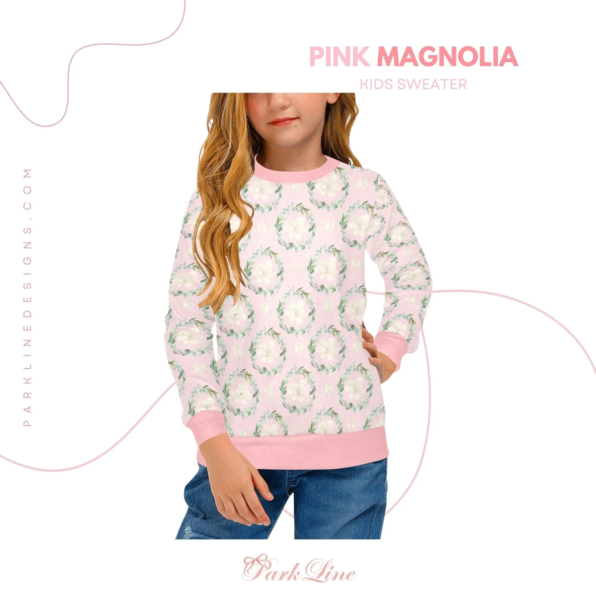 Blue Magnolia Crew Neck Sweatshirt | Soft Pink and Blue All Over Print | Cozy Fall & Winter Wardrobe Essential