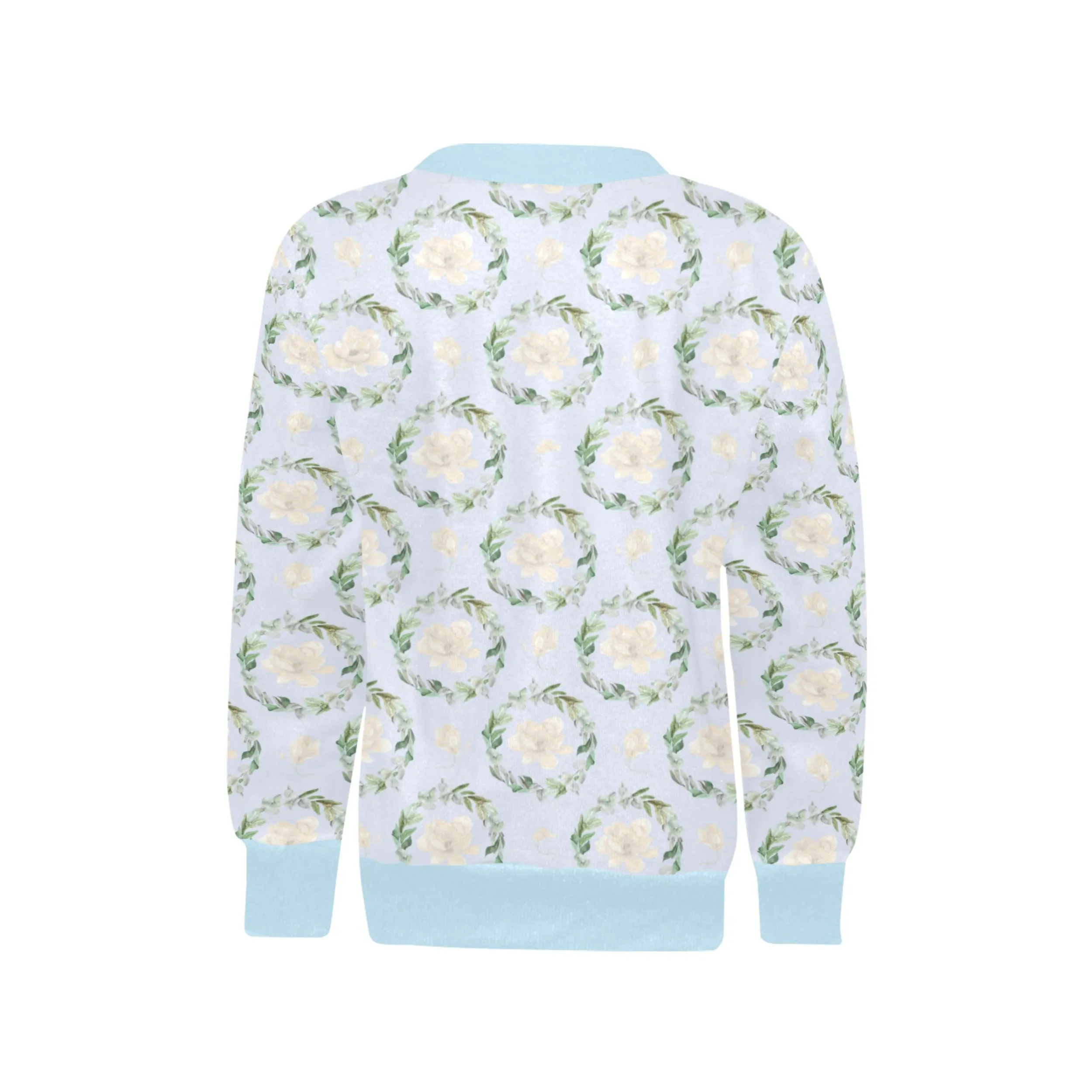 Blue Magnolia Crew Neck Sweatshirt | Soft Pink and Blue All Over Print | Cozy Fall & Winter Wardrobe Essential