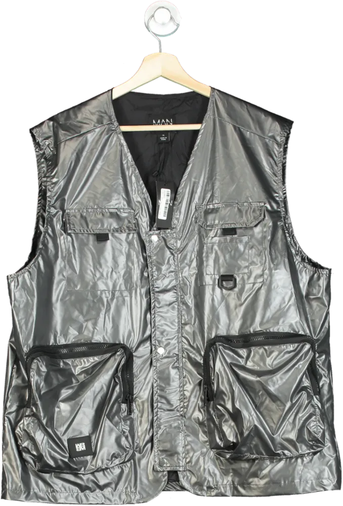 Boohoo Man Silver Metallic Utility Vest XL