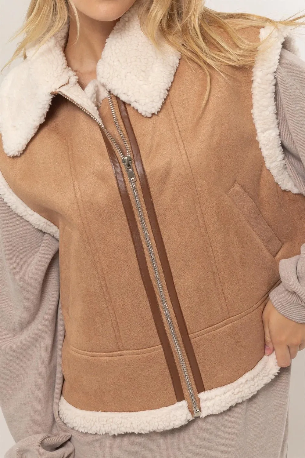 Brown Faux Fur Lined Zip Up Vegan Suede Vest