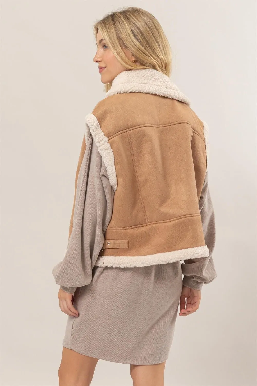 Brown Faux Fur Lined Zip Up Vegan Suede Vest