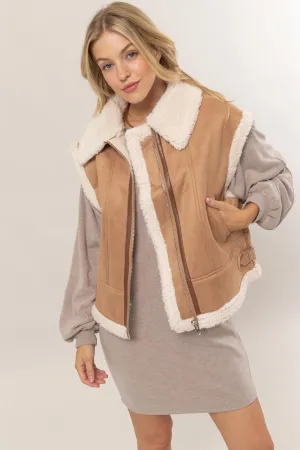 Brown Faux Fur Lined Zip Up Vegan Suede Vest