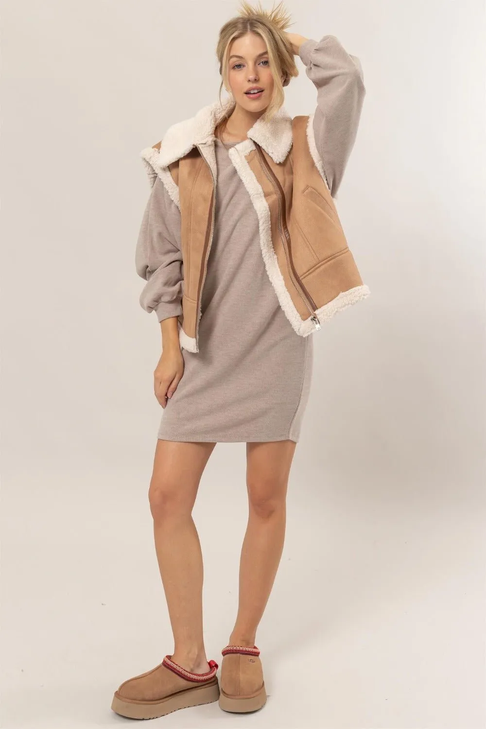 Brown Faux Fur Lined Zip Up Vegan Suede Vest