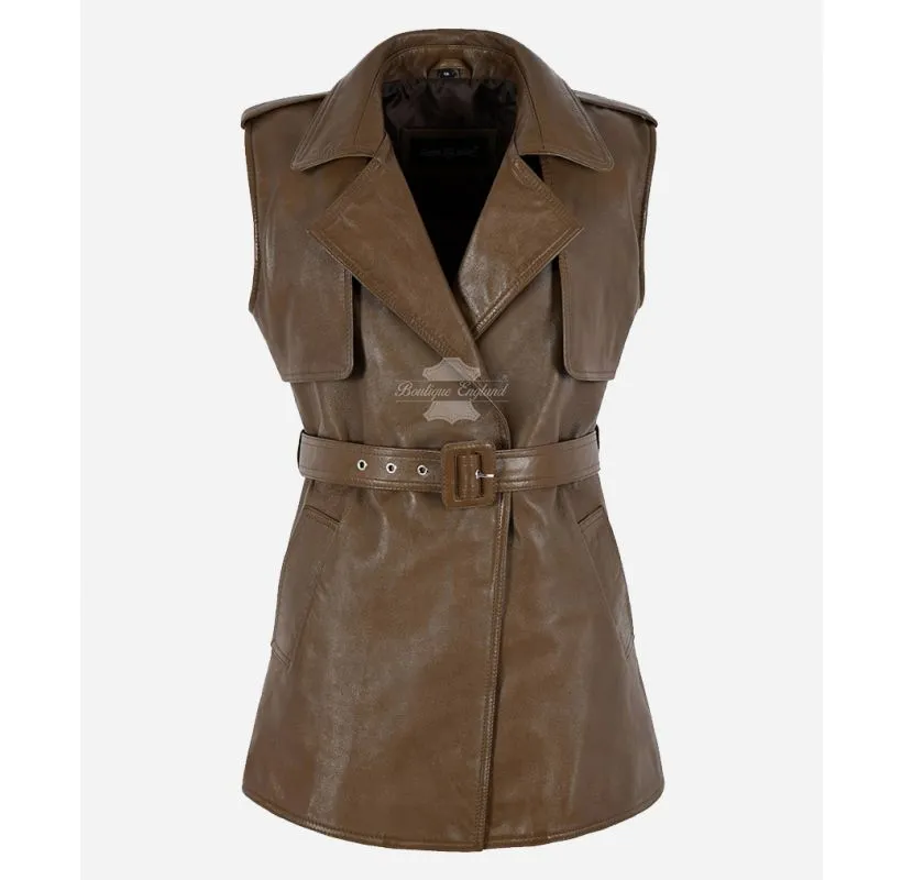 CARMELA Ladies Vest Belt Closure Designer Leather Waistcoat