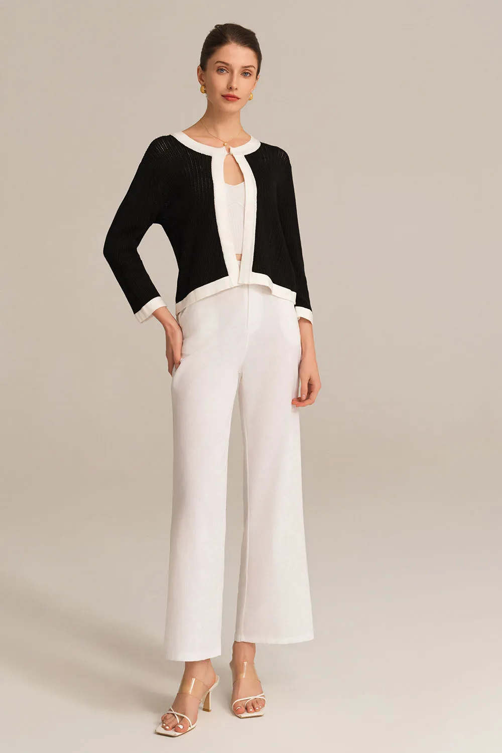 Contrast Color 3/4 Sleeve Crew Neck Knitted Cardigan