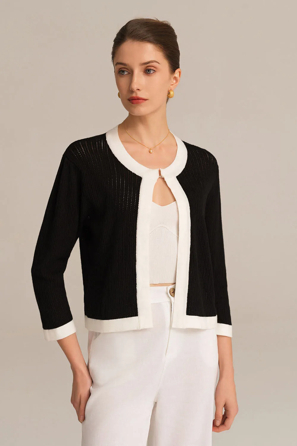 Contrast Color 3/4 Sleeve Crew Neck Knitted Cardigan