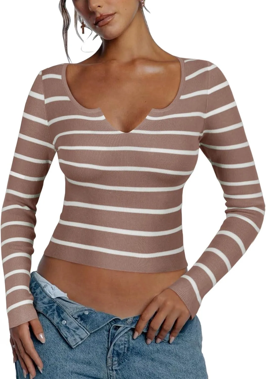 Cutout V Neck Long Sleeve Trendy Striped Y2K Going Out T Shirt Knit Crop Top