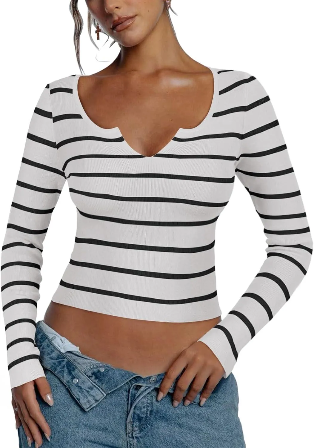 Cutout V Neck Long Sleeve Trendy Striped Y2K Going Out T Shirt Knit Crop Top