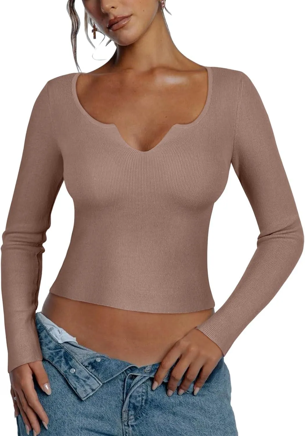 Cutout V Neck Long Sleeve Trendy Striped Y2K Going Out T Shirt Knit Crop Top