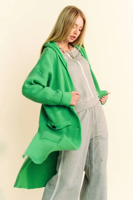 Davi & Dani Hooded Cardigan Long Women Green Side Slit Button Up Pocketed