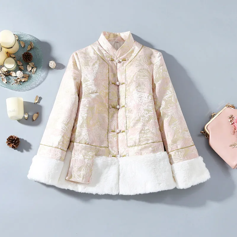 Fancy Cotton Fur Edge Traditional Chinese Style Floral Wadded Coat