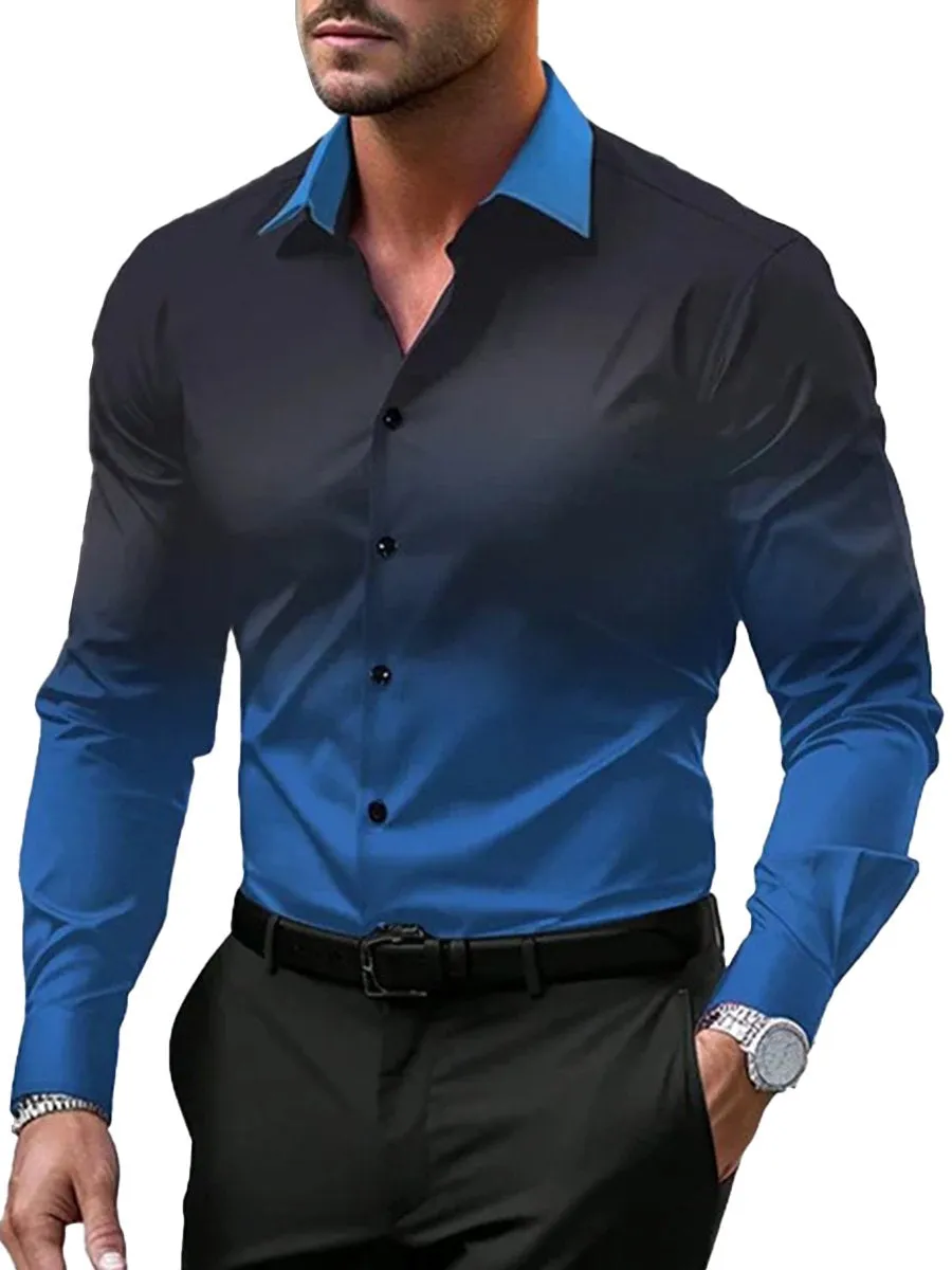 Fashion Turndown Collar Ombre Print Long Sleeve Shirt