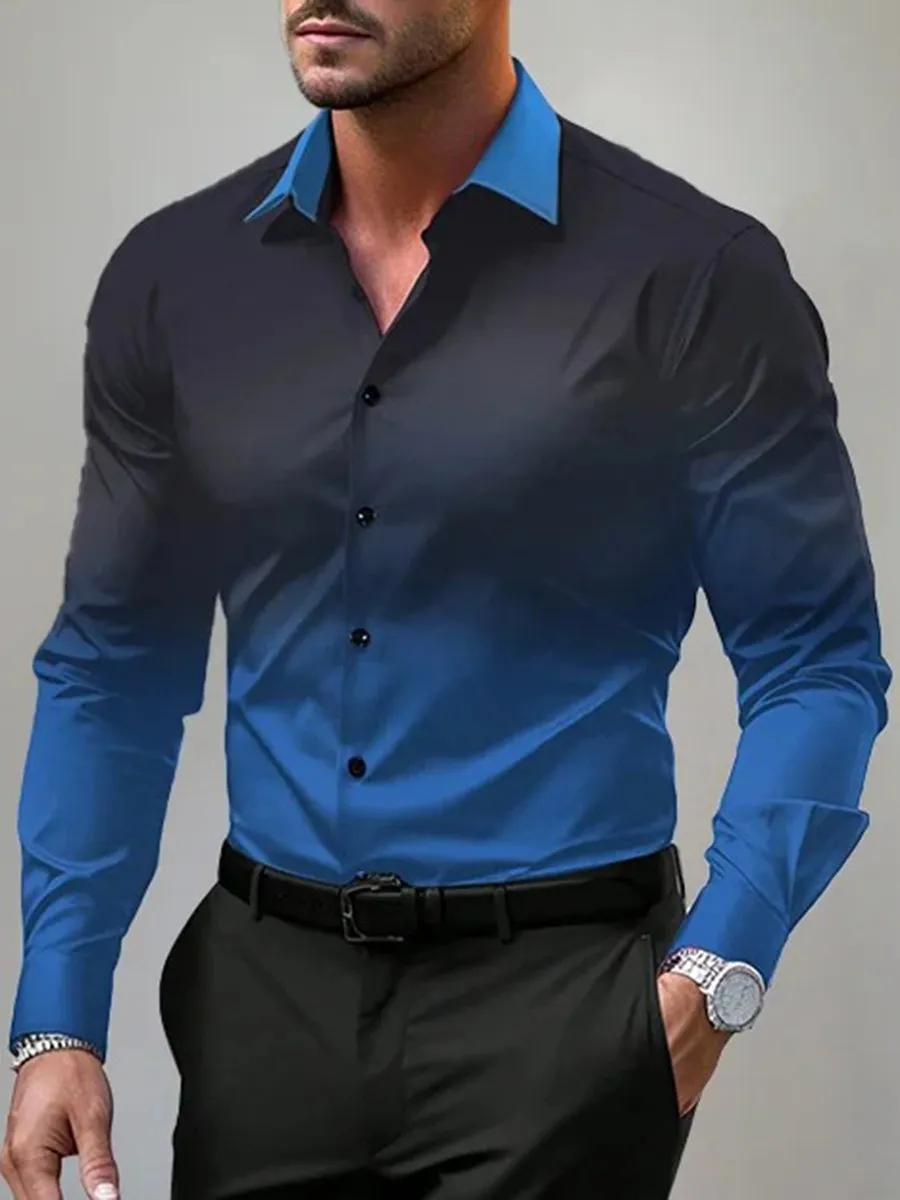 Fashion Turndown Collar Ombre Print Long Sleeve Shirt