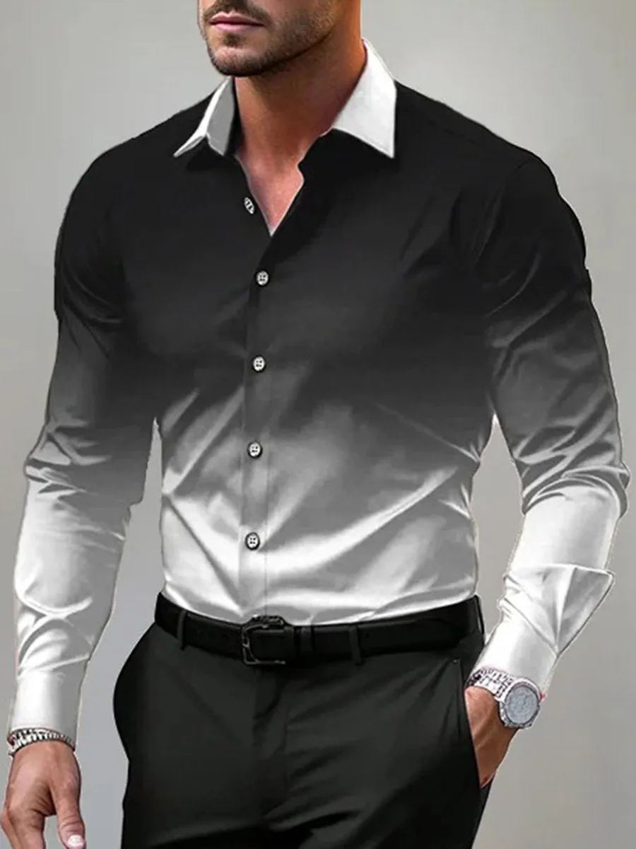 Fashion Turndown Collar Ombre Print Long Sleeve Shirt