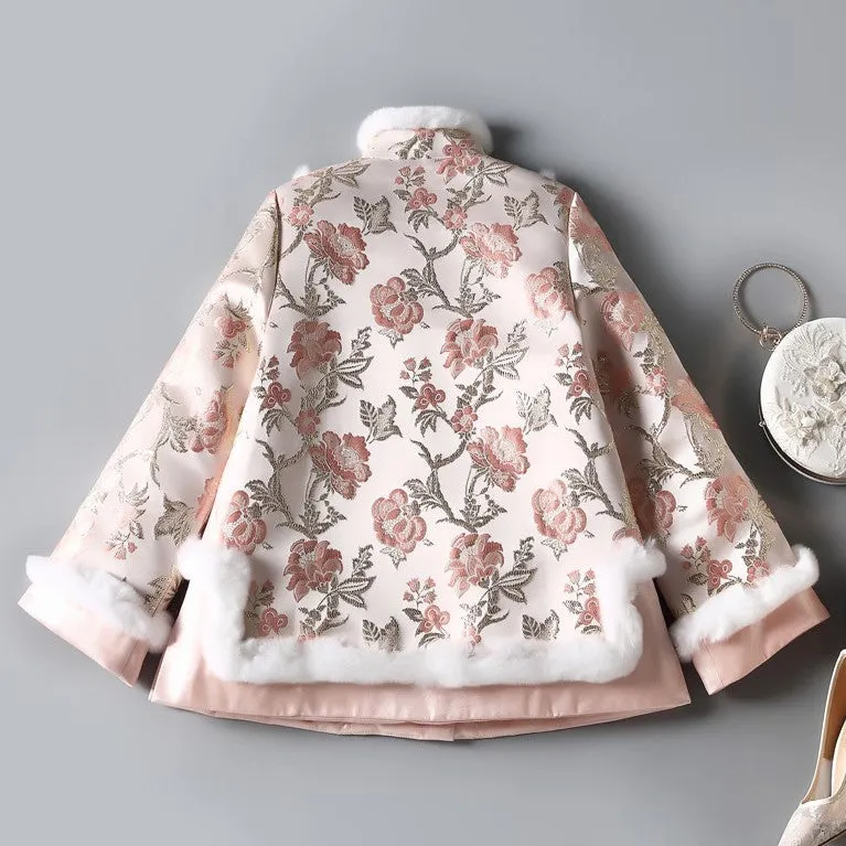 Floral Brocade Fur Edge Women's Chinese Style Wadded Coat with Strap Buttons