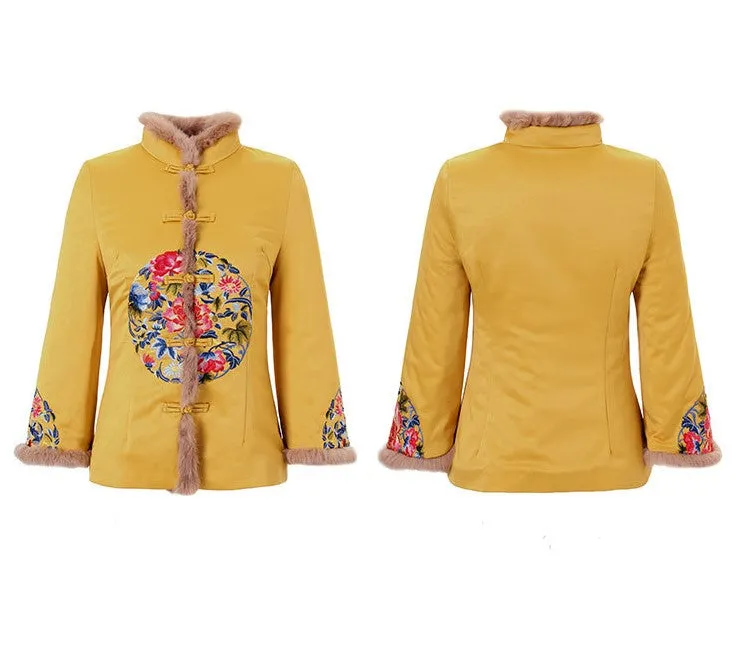 Floral Embroidery Chinese Style Women's Wadded Coat with Fur Edge