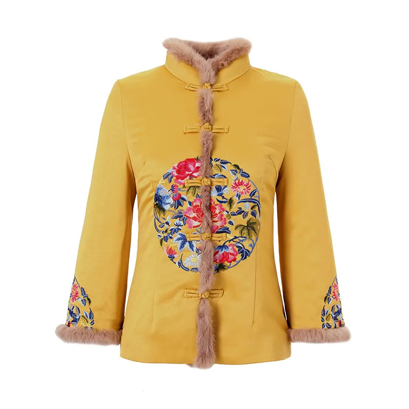 Floral Embroidery Chinese Style Women's Wadded Coat with Fur Edge